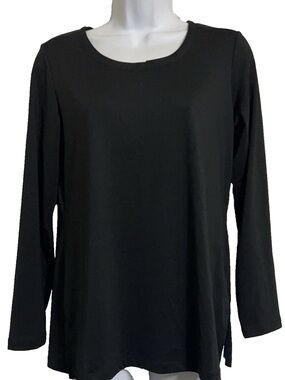 Susan Graver Black Size XS Long-Sleeve Round Neck Side Hem Slits Top A237947